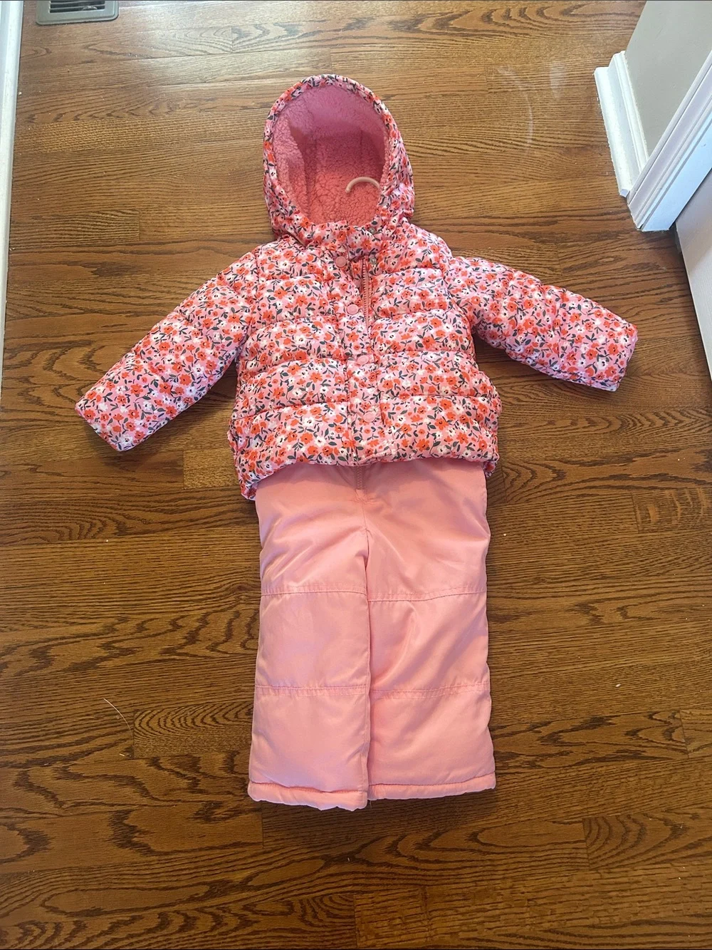 Carter's Pink Floral Hooded Puffer Jacket with Solid Pink Snow Pants